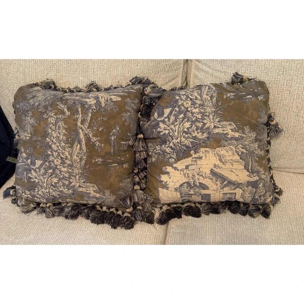French Country Toile de Jouy Pillows Navy Cream Frill French Country 14x14